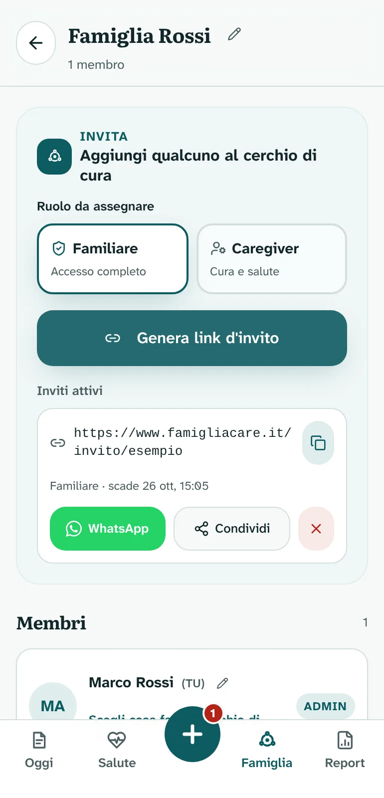 Schermata Famiglia: invita un familiare o la badante con il ruolo giusto, genera il link d'invito e condividilo su WhatsApp